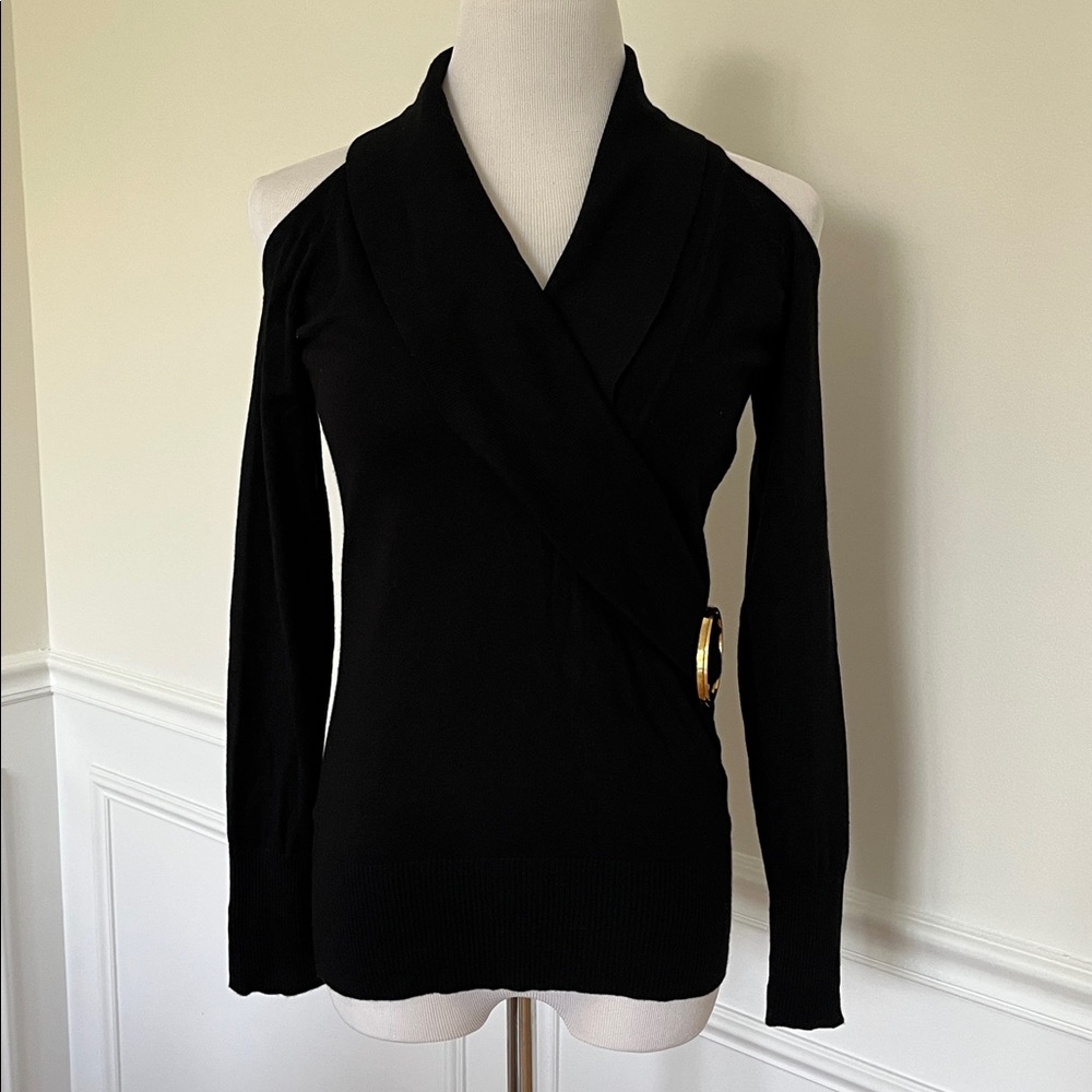 Cache Black Knitted Long Sleeve Open Shoulder Sweater